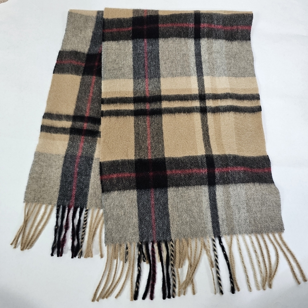 The Men's Store Bloomingdale's Plaid Cashmere Scarf Fringe Tan Black Gray Red